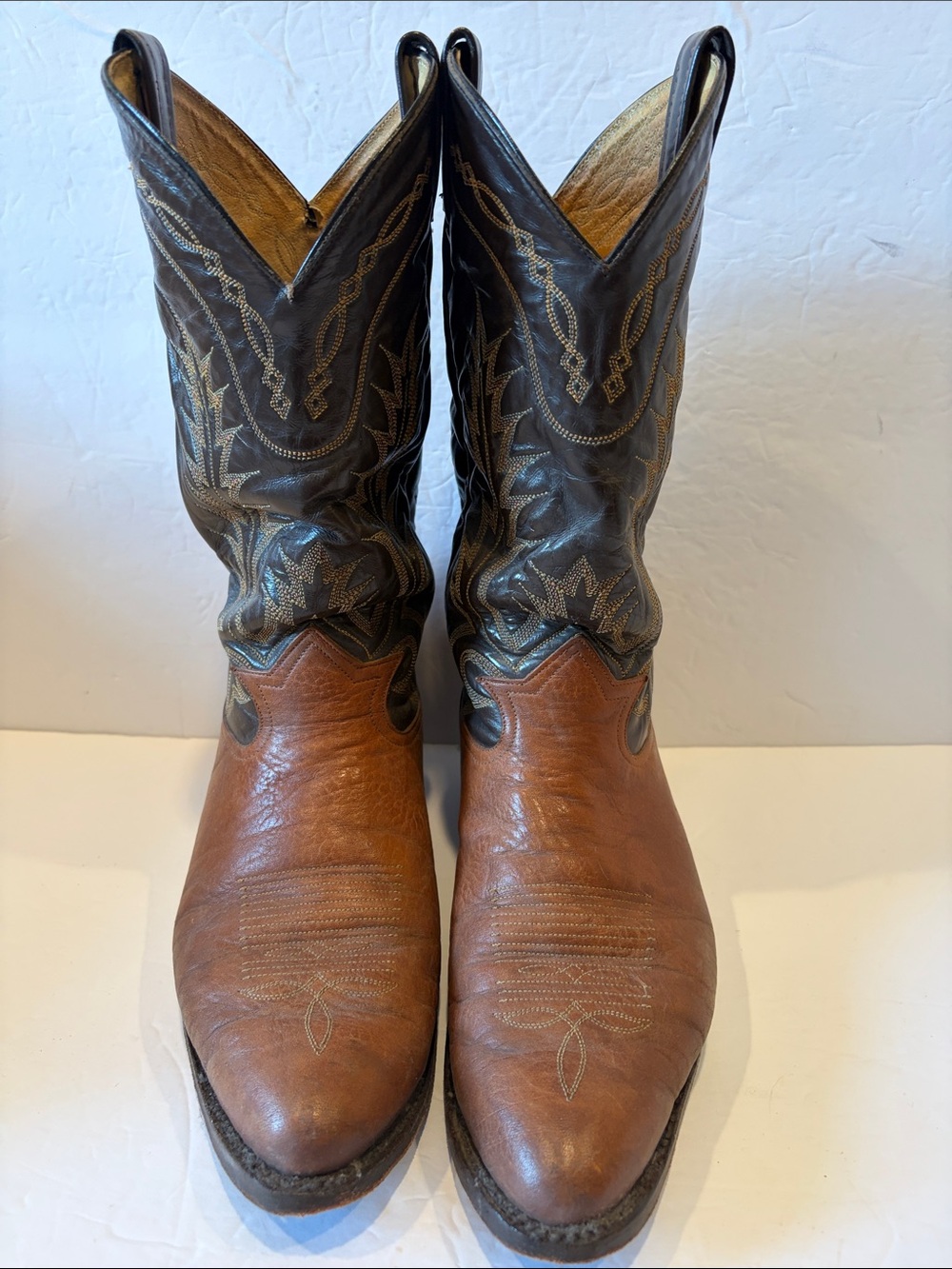 Classic Two-Tone Brown Leather Cowboy Boots - Men Tony Lama